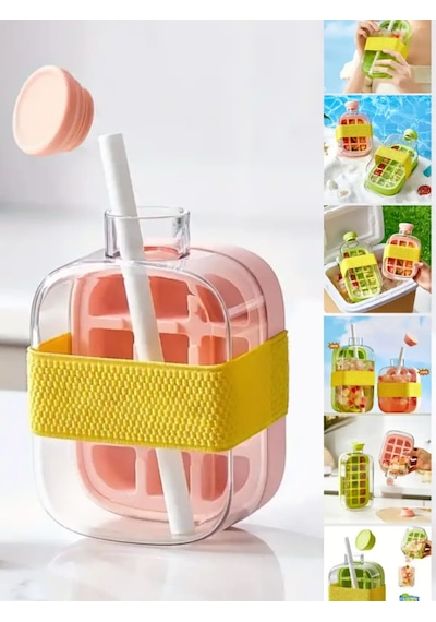 Mucit Home 500 Ml Buz Kalıbı Pipetli Matara Soğuk İçecek Şişesi Buzluklu Suluk Renkli