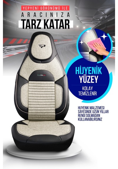 Kemik - Siyah Garni Panda Enzo Serisi Keten Kumaş Oto Koltuk Kılıfı - Tam Set
