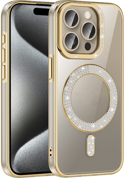 Apple Uyumlu iPhone 15 Pro Kılıf Pırlanta Taş Tasarımlı M-safe Şarj Özellikli Karetta Silikon Kılıf Gold