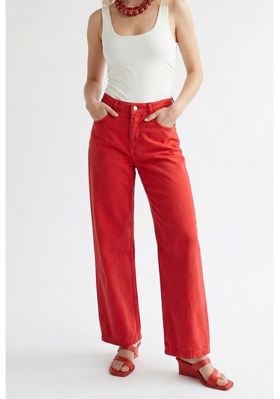 Mixray 2128 Kadın İnce Mevsimlik Yüksek Bel Wide Leg Denim Pantolon Kırmızı