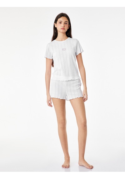 Koton Pamuklu Kısa Kollu Şortlu Pijama Takımı Beyaz 6slk40155mk