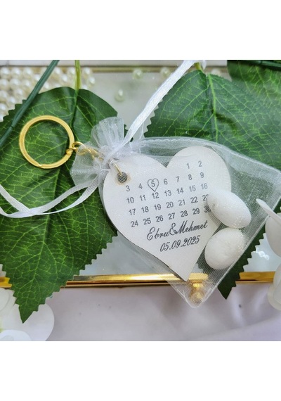 Kese İçinde Ahşap Kalp Anahtarlık Nikah Şekeri 30 Adet