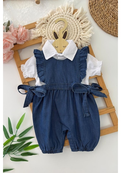 Miniğimin Cicileri Fırfır Detaylı Alttan Çıtçıtlı Kot Kız Bebek Takım Lacivert