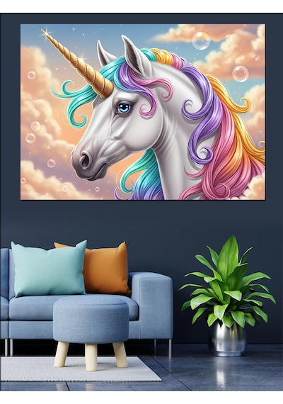 Gökkuşağı Yeleli Beyaz Unicorn Tablosu Dekoratif Kanvas - Mdf Ahşap Tablo
