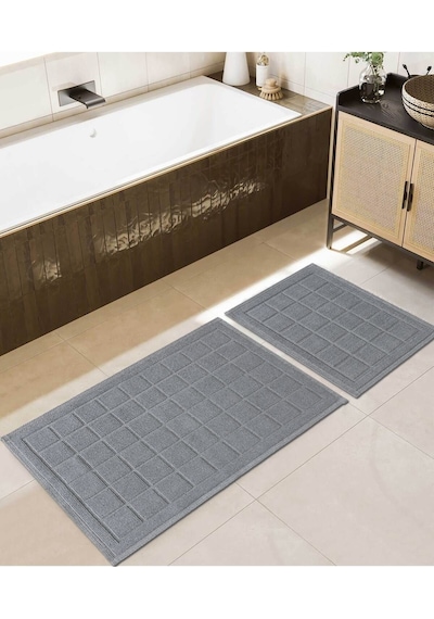 Koza Home Medea Gri 2li Pamuk Kare Desenli Banyo Paspas Takımı 60x100 60x50 Gri