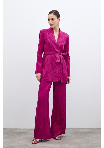 Sateen Yüksek Bel Desenli Pantolon - Fuşya-135703 Fuşya