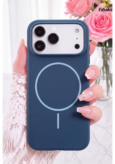 Fibaks iPhone 17 Pro Max Uyumlu Kılıf Magshield Soft Magsafe Lansman Silikon Kadife Dokunuş Premium Koruma Lacivert