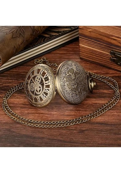 Valkyrie Vintage Antika Tasarım Dişli Roma Rakamlı Zarif Bronz Kuvars Cep Köstekli Saat