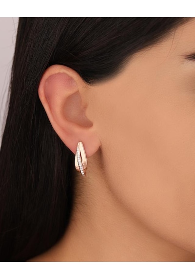 Yaprak Modeli Taşlı Şık Gümüş Küpe Pembe Altın