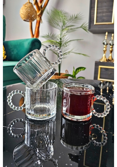 6 Lı Boncuklu Kulplu Cam Kupa 300 Ml Kulplu Çay Bardağı Boncuk Cam Kupa Meşrubat Bardağı - Beyaz Beyaz