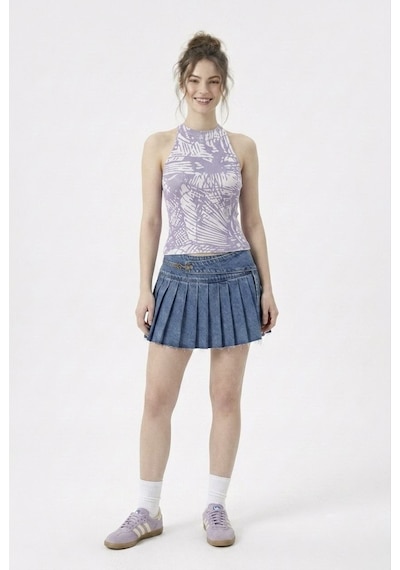 Neden Tekstil Kadın Fitilli Çizgi Baskılı Halter Yaka Crop Bluz - Beyaz-lila