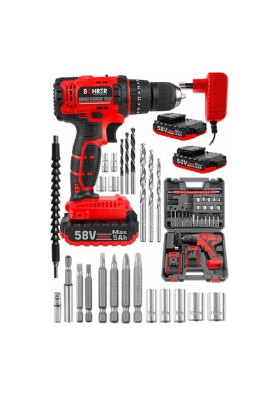 Böhrer Bh580x3 Böhr 58v 5 Ah Pro Hummer Red Çift Akülü Yüksek Torq +24 Vidalama Şarjlı Matkap Set