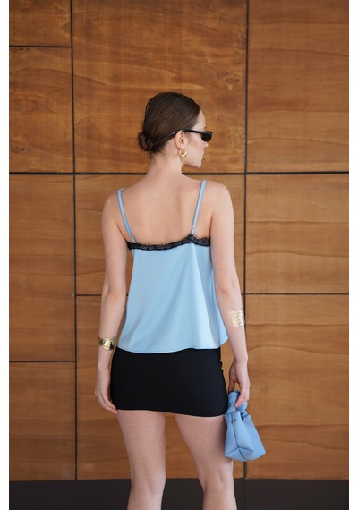Verymoda Dantel Detaylı Saten Atlet - D2929 Mavi