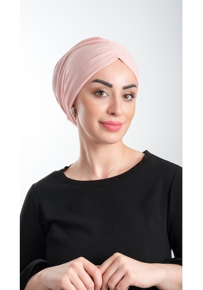 Hürrem Bone Pudra Pratik Hazır Geçmeli Tesettür Bone Fukuro Simli Büzgülü 211 Pudra