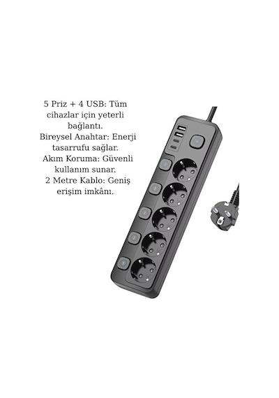 5 Priz + 4 Usb 2 Type-c Akım Korumalı Anahtarlı Uzatma Kablosu - 2 Metre - Enerji Tasarruflu Priz