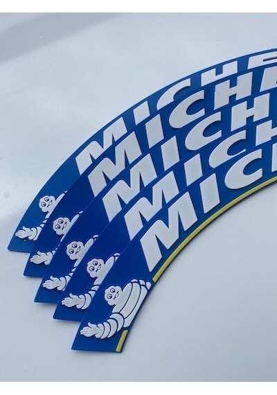 Yeni Model Michelin Mavi Beyaz Büyük Boy 3.2 Cm Lastik Yazısı Etiket Beyaz Yanak 4 Adet