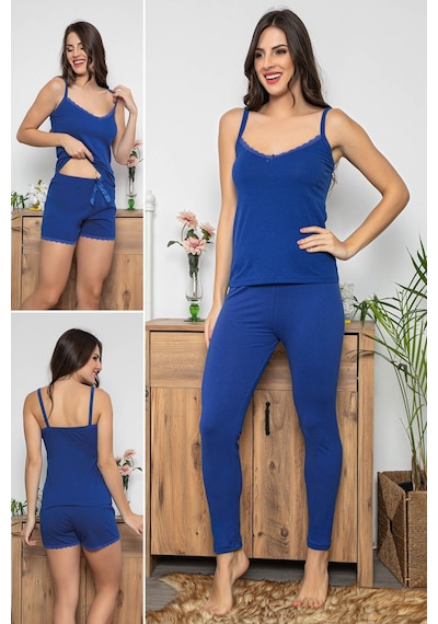 Myben Kadın Saks Renkli Dantel Detaylı Şortlu Ve Taytlı Pijama Takımı 3'lü Set 75006 Saks Mavisi