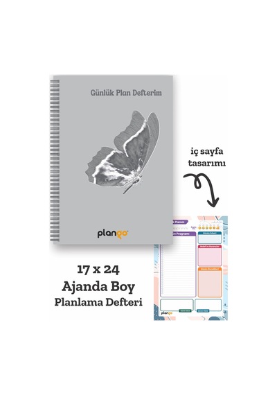 Gri Kelebek Spiralli Günlük Planlama Defteri - 100 Sayfa - 17x24 Planlayıcı Defter Beyaz - Mor