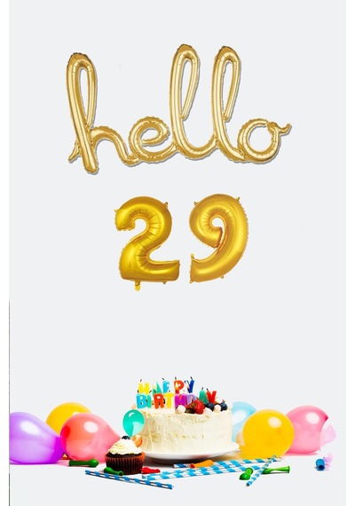 29 Yaş Doğum Günü Balonları - Hello 29 El Yazısı Gold Renk Folyo Balon Gold
