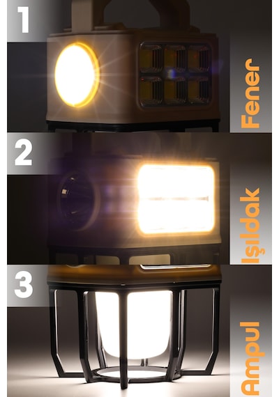3 Modlu Şarjlı Kamp Lambası Solarlı 20 Watt Led Işık El Feneri Portatif Işıldak Gece Lamba Pr9802b Kahverengi