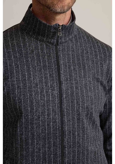 Ysf Erkek Gri Çizgili Fermuarlı Çizgi Desenli Sweatshirt