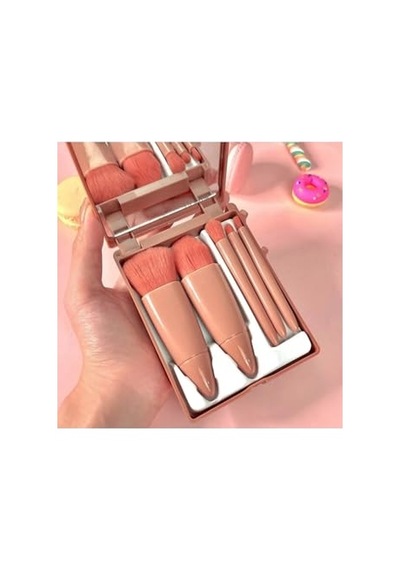 Tr C005 Taşınabilir 5 Parçalı Aynalı Profesyonel Makyaj Fırça Seti - Taşınabilir Mini 10.5cm Bakır Renk