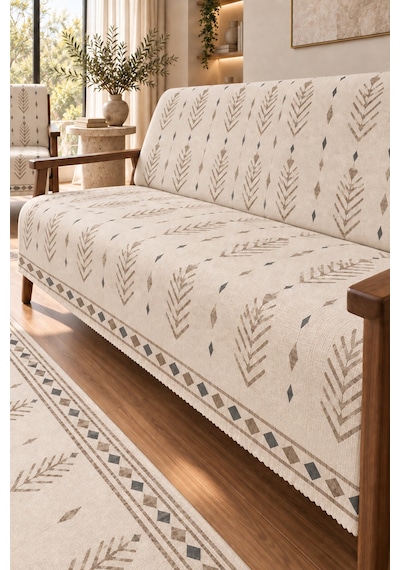 3 Lü Set 2 Adet 165x215 Cm Koltuk Örtüsü + 1 Adet 6m2 180x280 Cm Kaymaz Taban Dijital Baskılı Halı Bej