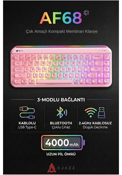Af68 Kablosuz 3 Modlu Rgb Membran Klavye- Çift Katmanlı Tuş Kapağı-4.000 Mah Batarya