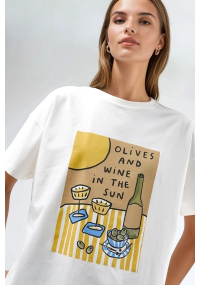 Hiccup Baskılı Oversize Tişört Beyaz