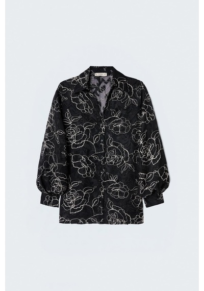 Sateen Nakış Detaylı Gömlek - Siyah-137497
