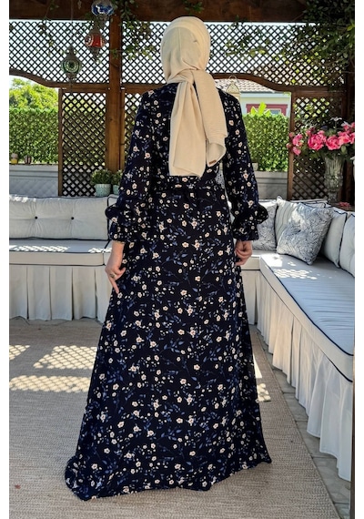 Rabia Şamlı Bihter Mavi Yapraklı Elbise Normal