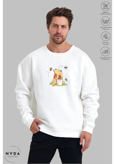 Unisex Uzun Kollu Winnie The Pooh Baskılı Bisiklet Yaka Kapüşonsuz Şardonlu Oversize Sweatshirt Beyaz