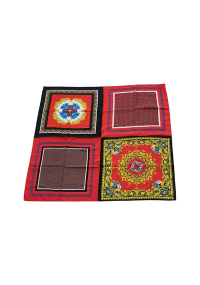 Tikitonki Geometrik Desenli Çok Parçalı Saten Kırmızı Eşarp - 90x90 Karışık Karışık