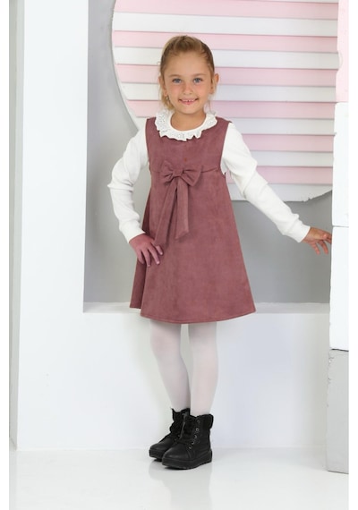 Kız Çocuk Süet Kumaş 2'li Elbise Elbise+bady Bluz 12177 Gülkurusu
