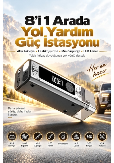 Castu Cs89 Plus Max 18.000 Mah 8 İn 1 Araç Akü Takviye Cihazı Dijital Kompresör Araç Süpürgesi Power