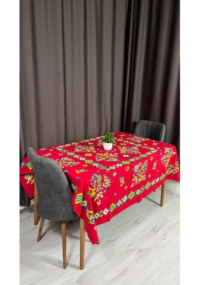 Kolay Temizlenebilir Renkli Cıvıl Cıvıl Desenli Masa Örtüsü 170x170 Cm Kırmızı