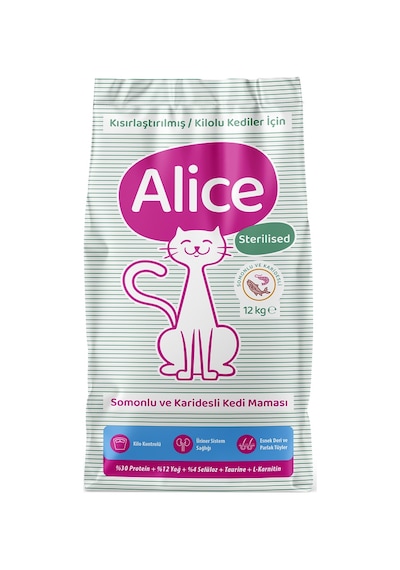Alice Light & Sterilised Kısır veya Kilolu Kedi Maması Somonlu Karidesli 12 KG