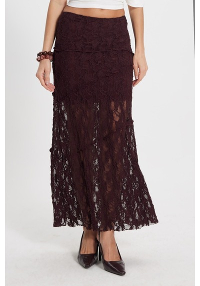 Tudors Kadın Slim Fit Dar Kesim Lastikli Yüksek Bel Dantelli Bordo Etek -50500