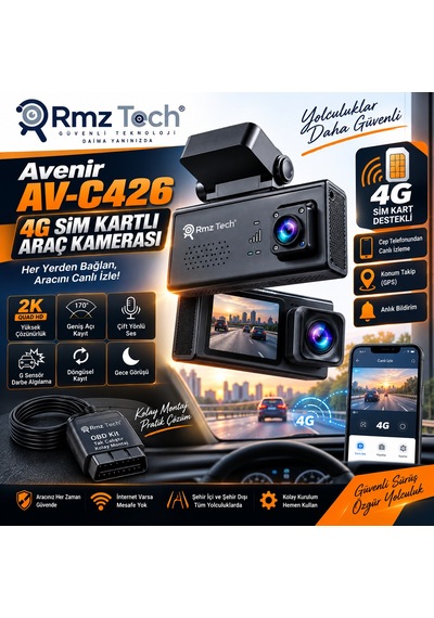 Avenir Av-c426 6mp 4g Sım Kartlı Araç Kamerası Çift Kamera Gps Konum Takip Canlı İzleme G-sensör Obd