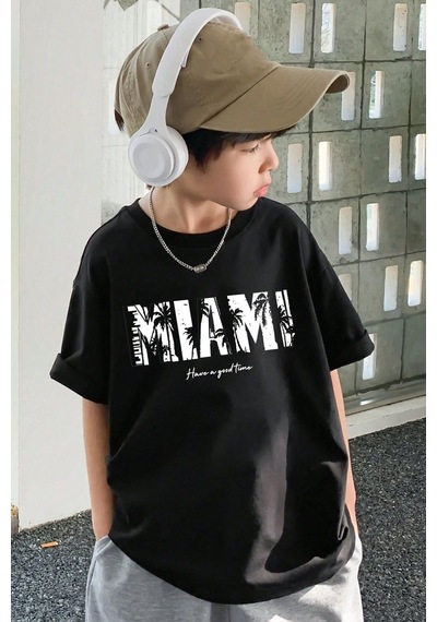 Uyguntarz Çocuk Miami Baskılı Pamuklu Tshirt Siyah