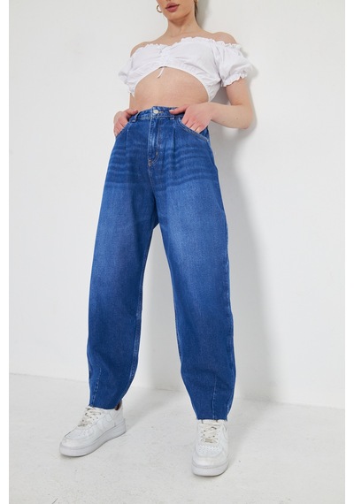 Kutaf Mavi Bol Kesim Yüksek Bel Balloon Fit Baggy Jean Kot Salaş Kadın Pantolon Mavi