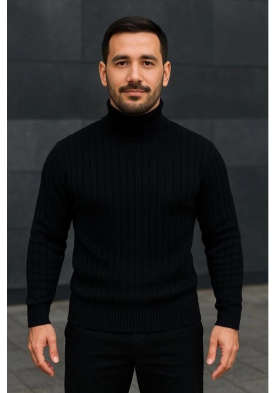 Efnaz Style Erkek Balıkcı Yaka Bağazlı Triko Kazak Pamuklu Kalın Fitilli Dokuma, Regular Fit Uzun Kollu Kışlık Model - Siyah