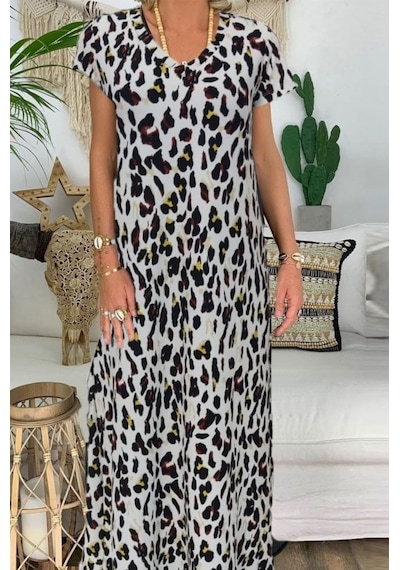 Efnaz Style Kadın Kısa Kollu V Yaka Tam Boy Zebra Desen Pegasus Kumaş Elbise Leopar