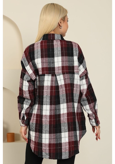 Nurneva Oduncu Kumaş Ekose Desen Oversize Gömlek Bordo-bordo Bordo