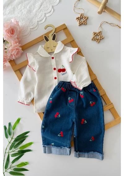 Miniğimin Cicileri Kiraz Desenli Volanlı Kız Bebek 2 Li Takım... Ekru