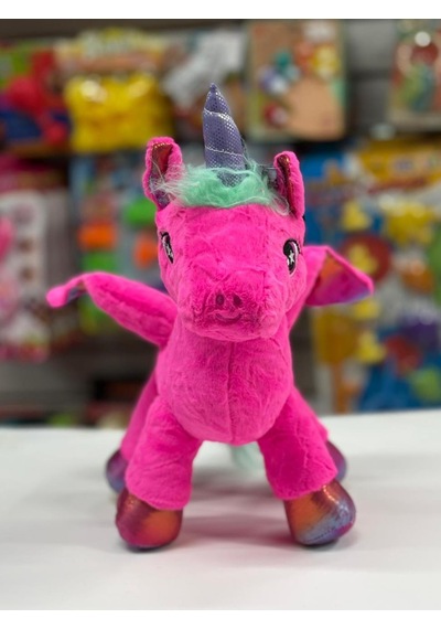 Oyuncak Peluş Kanatlı Unicorn Tek Boynuzlu At Fuşya Koyu Pembe 30 Cm Pembe