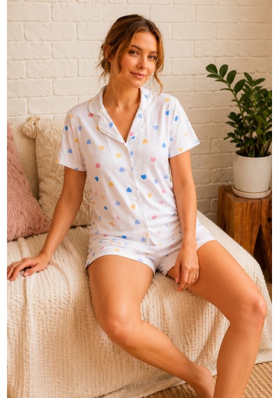 Renkli Kalp Desenli Düğmeli Şortlu Pijama Takımı 4610 -kırık Beyaz