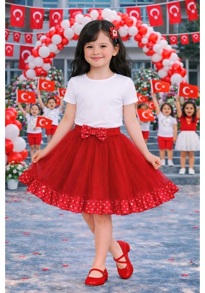 Her Şey Nota Kız Çocuk Kırmızı Saten Puantiyeli Tül Etek Okul Ve Bayram Etkinlik 5-13 Yaş