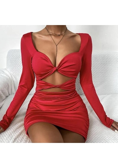 Pink Life Kırmızı Uzun Kollu Hollow Out Dekolteli Bodycon Mini Elbise