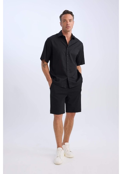 DeFacto Regular Fit Beli Bağcıklı Dokulu Bermuda Şort D9451AX25SPBK27